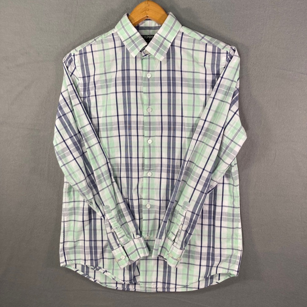 Express Dress Shirt Mens Medium Plaid Modern Fit Long Sleeve Cotton
